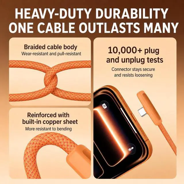 Alt view image 4 of 6 - 2-Pack 100W USB C to USB C Cable 6.6FT, 90 Degree T-Shaped Right Angle USB C Cable Fast Charging, Type C Charger Fast Charging Cord for iPhone 17/16/15, Samsung S25/S24, iPad, MacBook, Gaming,Orange