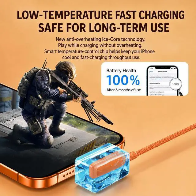 Alt view image 5 of 6 - 2-Pack 100W USB C to USB C Cable 6.6FT, 90 Degree T-Shaped Right Angle USB C Cable Fast Charging, Type C Charger Fast Charging Cord for iPhone 17/16/15, Samsung S25/S24, iPad, MacBook, Gaming,Orange
