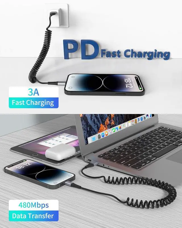 Alt view image 3 of 7 - Coiled USB C to Lightning Cable, 2 Pack Retractable iPhone Charging Cable for Car, 3FT USBC to Lightning Cable for iPhone 14 13 12 11 Pro Max Mini 10 8 7 Plus XR XS SE, AirPod
