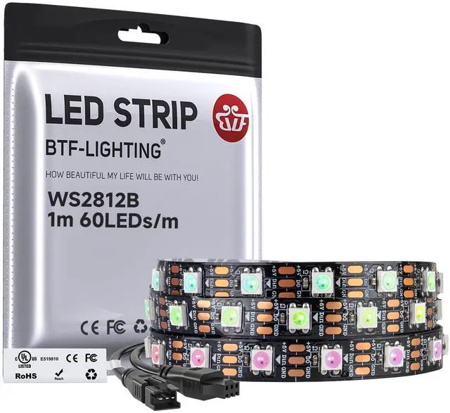 Main image of WS2812B IC RGB LED Strip,UL Listed,Pure Gold Wires,DC5V 3.28FT 60LED 5050SMD,Individually Addressable,Flexible for DIY Chasing Full Color Project,3M Tape,IP30(No Adapter or Controller)