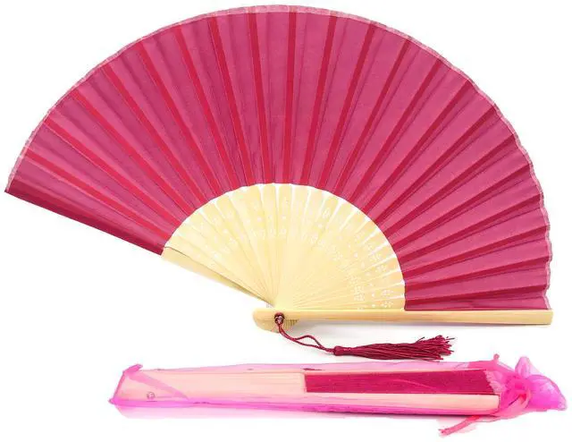 Alt view image 2 of 7 - Fabric Handheld Folding Hand Fan With a Tassel Grade A Bamboo Ribs for Women Girls Summer Party Event Favor Birthday Wedding Souvenir Gift (Deep Pink)