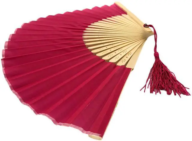 Alt view image 6 of 7 - Fabric Handheld Folding Hand Fan With a Tassel Grade A Bamboo Ribs for Women Girls Summer Party Event Favor Birthday Wedding Souvenir Gift (Deep Pink)