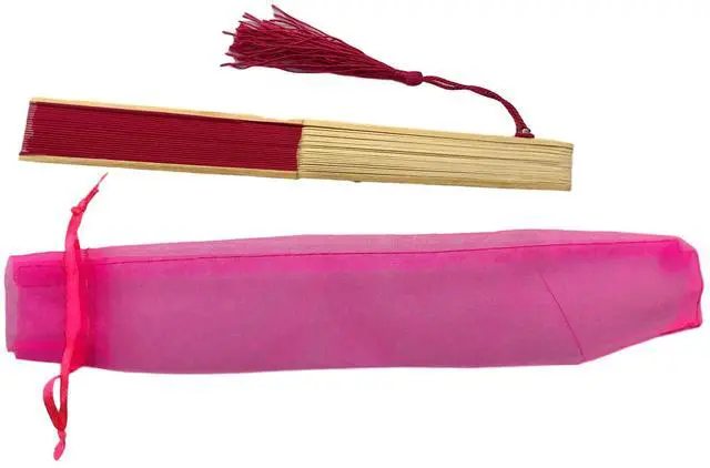 Alt view image 7 of 7 - Fabric Handheld Folding Hand Fan With a Tassel Grade A Bamboo Ribs for Women Girls Summer Party Event Favor Birthday Wedding Souvenir Gift (Deep Pink)