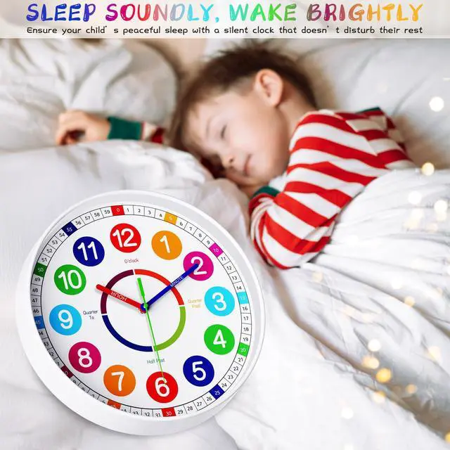 Alt view image 4 of 7 - Kids Wall Clock - Non-Ticking, Battery Operated Time Teaching Clock for Kids, Ideal for Childrens Bedrooms, Playrooms, and Stylish Home Décor White, 8 Inch