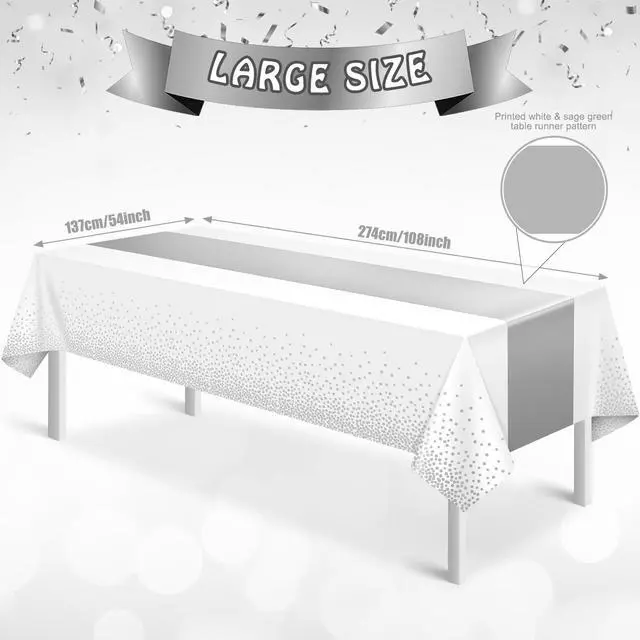 Alt view image 2 of 7 - 3Pcs White and Silver Tablecloth Party Decorations,Plastic White Table Cloth Printed Silver Runner Disposable Rectangle Table Cover for Birthday Wedding Anniversary Graduation Party,54 x108 Inch