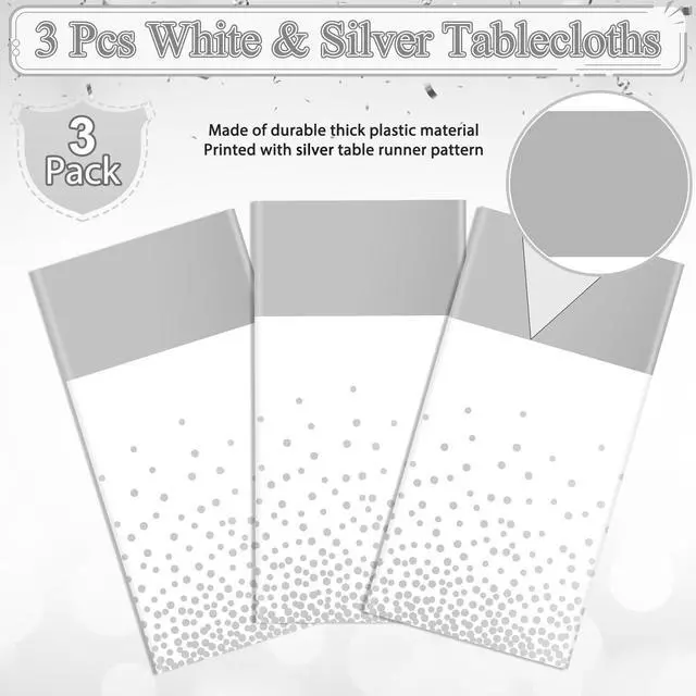 Alt view image 4 of 7 - 3Pcs White and Silver Tablecloth Party Decorations,Plastic White Table Cloth Printed Silver Runner Disposable Rectangle Table Cover for Birthday Wedding Anniversary Graduation Party,54 x108 Inch
