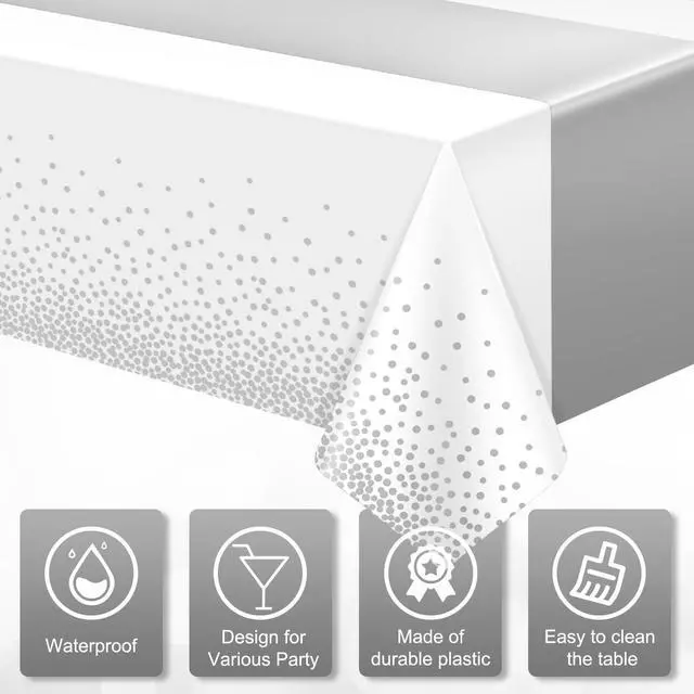 Alt view image 3 of 7 - 3Pcs White and Silver Tablecloth Party Decorations,Plastic White Table Cloth Printed Silver Runner Disposable Rectangle Table Cover for Birthday Wedding Anniversary Graduation Party,54 x108 Inch