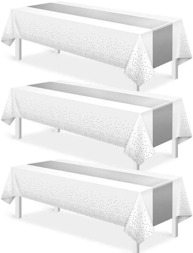Main image of 3Pcs White and Silver Tablecloth Party Decorations,Plastic White Table Cloth Printed Silver Runner Disposable Rectangle Table Cover for Birthday Wedding Anniversary Graduation Party,54 x108 Inch