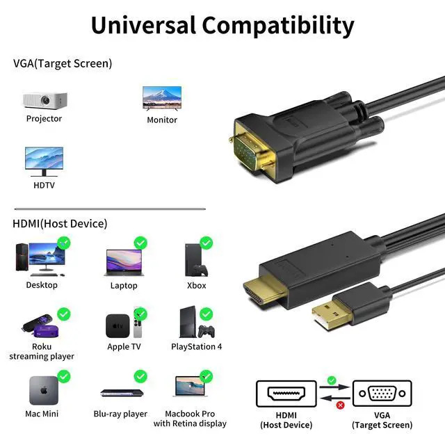 Alt view image 5 of 7 - HDMI to VGA Cable 6FT, Uni-Directional HDMI to VGA Cable with USB Power(Male to Male), Compatible for Mac mini, MacBook Pro, Blu-ray Player, Computer, Desktop, Laptop, PC, Monitor, Projector, HDTV