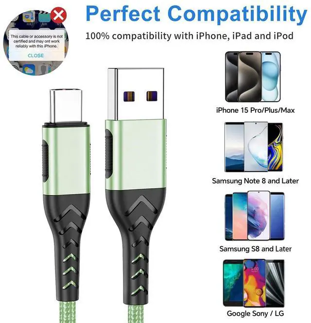 Alt view image 6 of 7 - 2Pack 3ft USB A to USB C Cable - 3 Foot Premium Nylon Braided Type C Cord for Android Phone, Pad, Laptop - Light Green