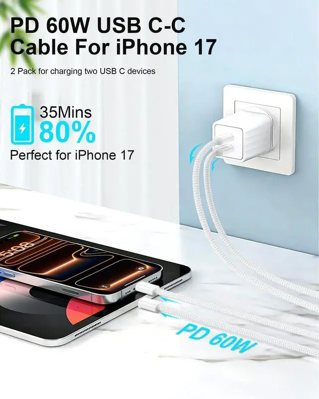 Alt view image 2 of 7 - USB C to USB C Cable 3FT for iPhone 17, 2 Pack Braided iPhone Type C Charger Cord for CarPlay Android Auto, 60W USB C to C Cable Fast Charging for Car iPhone 16 15 iPad Air Pro