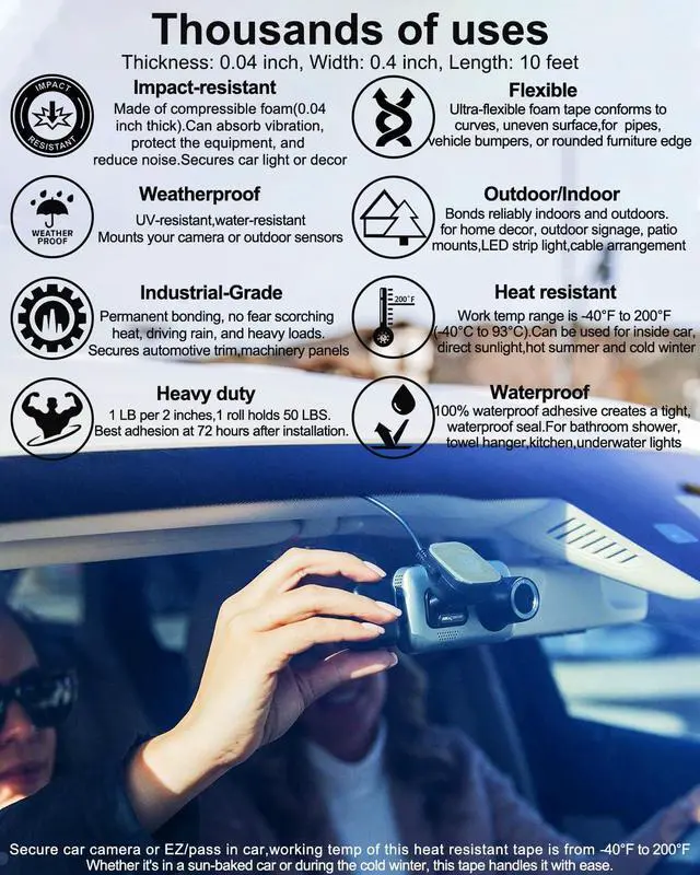Alt view image 2 of 7 - Heavy Duty Double Sided Tape-Waterproof Foam Tape,Heat Resistant Mounting Tape, 0.4" x 10Ft-Strong Adhesive Tape for Metal,Glass,Plastic,Car,Picture Hanging, DIY, Home,Indoor and Outdoor Use