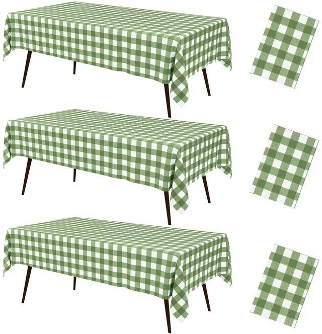 Main image of 3 Packs Buffalo Disposable Table Cloth, 54 x 108 Inch Waterproof Plastic Tablecloth, Rectangle Sage Green and White Checkered Table Covers for Picnic, Birthday, Party, Back to School