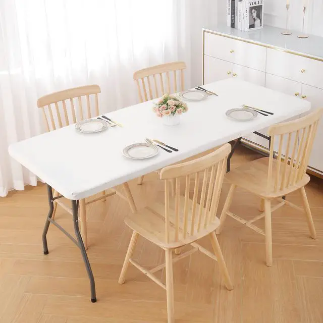 Alt view image 6 of 7 - Rectangle Tablecloth, Elastic Fitted Flannel Backed Vinyl Tablecloths for 6ft Folding Tables, Waterproof Wipeable Table Covers for Indoor, Outdoor, Picnic and Camping (White, 30"x72")