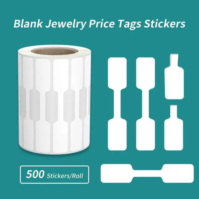 Alt view image 3 of 7 - 1000 Pcs Jewelry Price Tags Stickers Roll for Necklace Earring Price Identify, Labelchoice Rectangle Shape Self Adhesive White Blank Dumbbell Jewelry Tags Stickers for Bracelet, Ring, Clothing Display