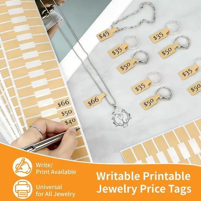 Alt view image 5 of 7 - 1500 PCS Jewelry Tags, Kraft Blank Jewelry Price Tags, Self-Adhesive Jewelry Price Tags Stickers Labels for Bracelet, Ring, Necklace, Earring Price Identify and Clothing Display