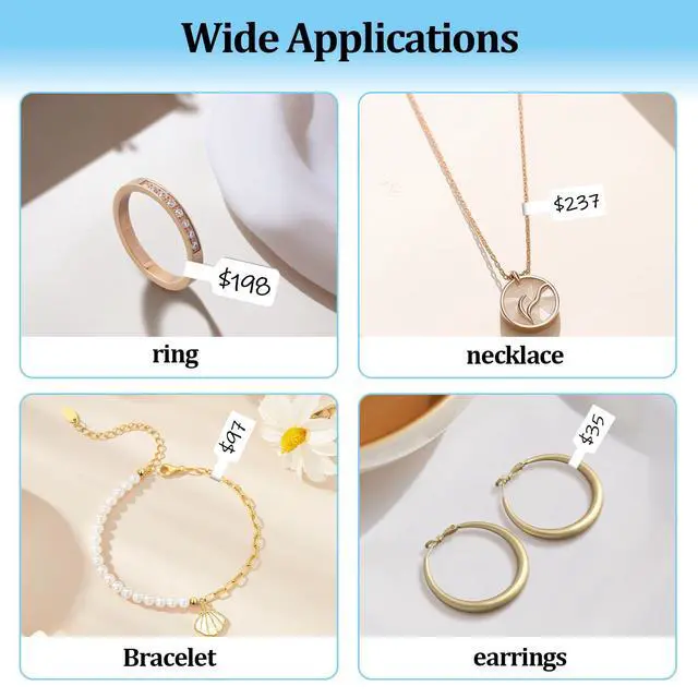 Alt view image 5 of 6 - 1500 PCS Jewelry Price Tags Stickers, Rectangular Self Adhesive Indentification Tags, Blank Waterproof Price Labels, Removable Residue-Free Labels for Display, Craft Shows of Necklace, Earring, Ring