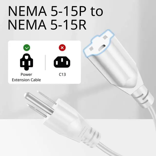 Alt view image 3 of 7 - Power Extension Cord Cable Strip (10 FT) - 3 Prong Extension Cord for Outdoor & Indoor - Three Prong AC Power Extender Cable Wire Connector NEMA 5-15R to NEMA 5-15P, White