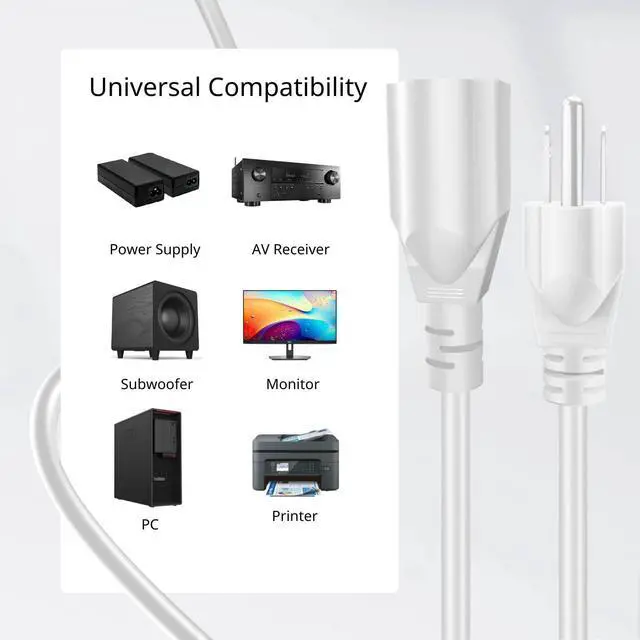 Alt view image 4 of 7 - Power Extension Cord Cable Strip (10 FT) - 3 Prong Extension Cord for Outdoor & Indoor - Three Prong AC Power Extender Cable Wire Connector NEMA 5-15R to NEMA 5-15P, White