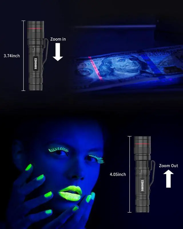 Alt view image 3 of 6 - 2 Pack UV Flashlight, 395nm Mini Black Light, Zoomable Small Torch Light, Portable Urine Detector for Dog/Cat/Pet Urine, Dry Stains, Bed Bugs, Scorpion