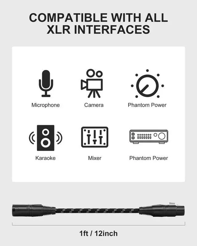 Alt view image 5 of 7 - Short XLR Cables 1ft 2 Pack, XLR Microphone Cable Balanced Shielded Nylon Braided Cord with 3-Pin Male to Female for Microphones Recording, Mixer, AmplifierSpeaker Systems
