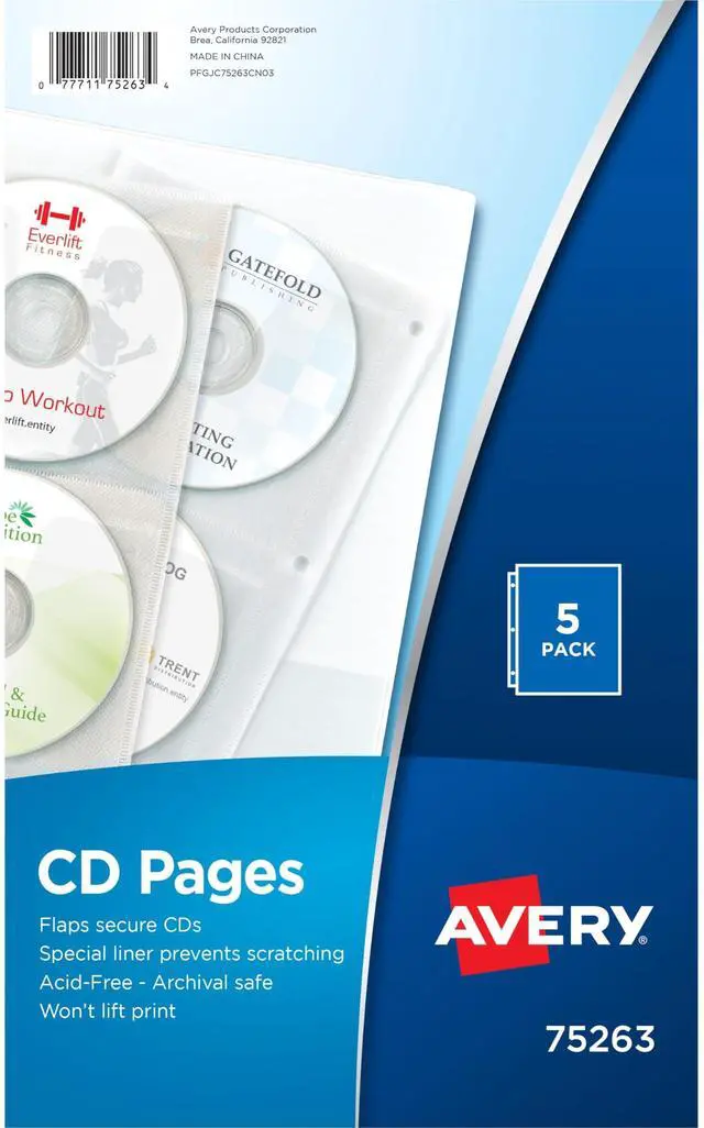 Main image of Clear DVD Storage Sleeves for 3 Ring Binder, Two-Sided, Pack of 5 Holds 20 CD/DVDs Total (75263)