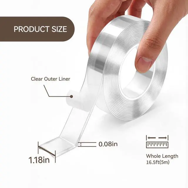 Alt view image 2 of 7 - Double Sided Tape Heavy Duty, 1.18" x 197"(16.4ft), Removable Washable Nano Tape, Residue-Free, Multipurpose Reusable Gel Mounting Tape, 1 Roll