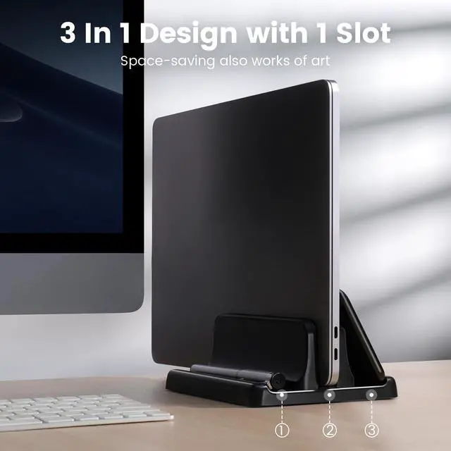 Alt view image 2 of 7 - 3 in 1 Vertical Laptop Stand Holder,Adjustable ABS Plastic Desktop Notebook Dock,Vertical Laptop Stand Space-Saving for All MacBook/Surface/Samsung/HP/Dell/Chrome Book