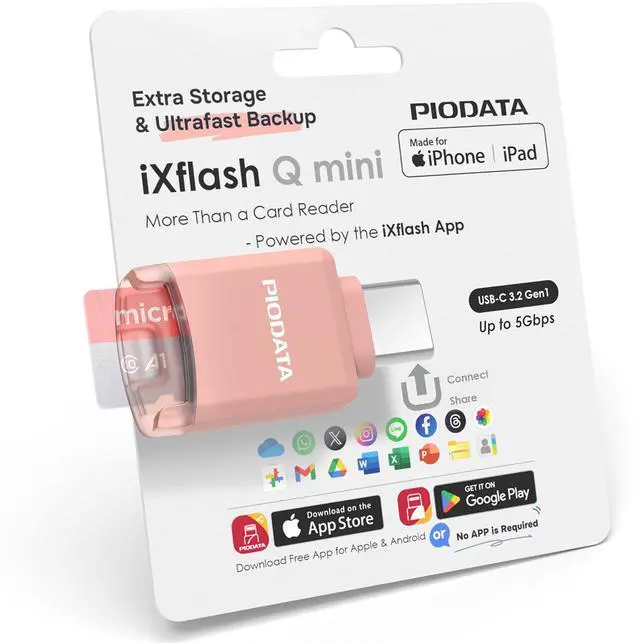 Main image of Micro SD Card Reader for iPhone 17/16/15, iPad, Android, Mac, PC, Laptop, USB C Memory Card Reader Adapter, Auto Photo Backup, Apple MFi Photo Stick Phone Drive iXflash Q mini w/Free App Pink