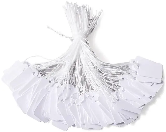 Main image of 500pcs White Jewelry Price Tags Clothing Display Tag Gift Message Card Writable Rectangle Paper Price Marking Label Design Blank with Hanging String 23x13mm/0.9x0.5 Inch