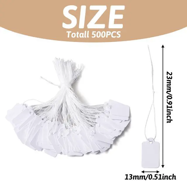 Alt view image 2 of 7 - 500pcs White Jewelry Price Tags Clothing Display Tag Gift Message Card Writable Rectangle Paper Price Marking Label Design Blank with Hanging String 23x13mm/0.9x0.5 Inch