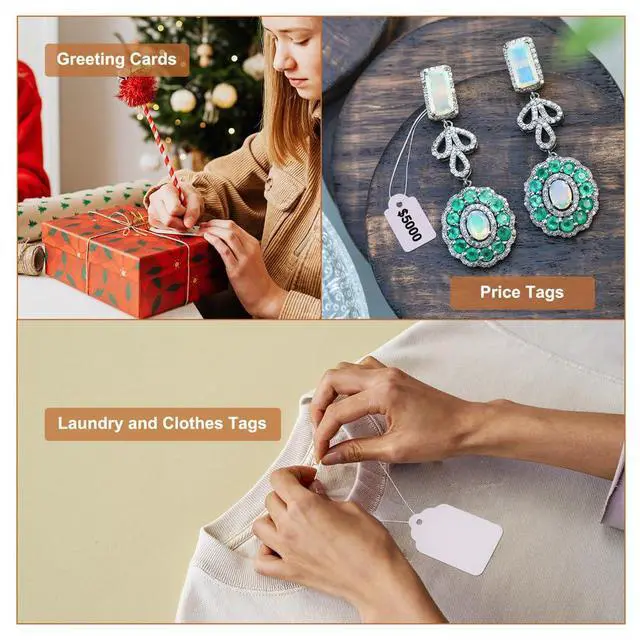 Alt view image 5 of 7 - 500pcs White Jewelry Price Tags Clothing Display Tag Gift Message Card Writable Rectangle Paper Price Marking Label Design Blank with Hanging String 23x13mm/0.9x0.5 Inch
