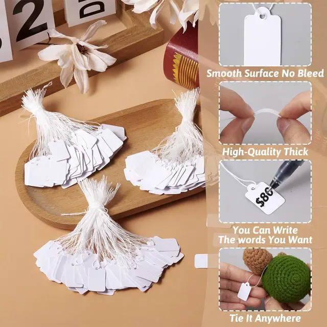 Alt view image 6 of 7 - 500pcs White Jewelry Price Tags Clothing Display Tag Gift Message Card Writable Rectangle Paper Price Marking Label Design Blank with Hanging String 23x13mm/0.9x0.5 Inch