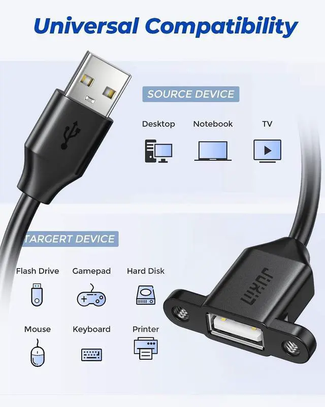 Alt view image 6 of 7 - 2Pack USB2.0 Male to Female Extension Cable 3FT with Ears can be Fixed Various Chassis/Cabinets/Panels USB Extender W/Screw nut for USB Panel Mount (USB Type-A, 3FT)