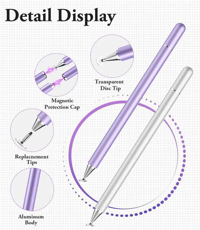 Alt view image 5 of 6 - Stylus Pen for iPad, LUNTAK Stylus Pens for Nintendo Switch/Apple/iPhone/Ipad pro/Mini/Air/Android/Microsoft/Surface/All Capacitive Touch Screens Universal with 4 Replacement Tips (Purple and Silver)