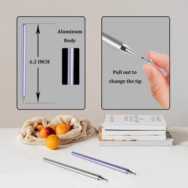 Alt view image 4 of 6 - Stylus Pen for iPad, LUNTAK Stylus Pens for Nintendo Switch/Apple/iPhone/Ipad pro/Mini/Air/Android/Microsoft/Surface/All Capacitive Touch Screens Universal with 4 Replacement Tips (Purple and Silver)