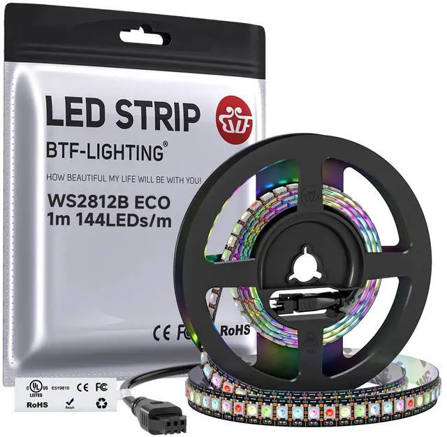 Main image of WS2812B ECO RGB LED Strip,UL Listed,Individually Addressable,3.28FT 144LED/m 144Pixel DC5V 5050SMD,Alloy Wire Flexible 3M Tape for DIY Chasing Color Project IP30(No Adapter or Controller)