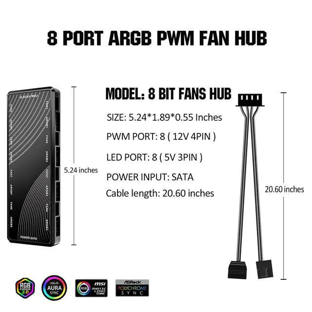 Alt view image 2 of 7 - ARGB PWM PC Fan Hub, 8 Port hub Addressable 5V-3PIN ARGB 12V 4PIN PWM 2-in-1 RGB Case Fan Hub SATA Power Input, 8pcs Fan and LED Port, PC Fan hub Support 8 Computer ARGB PWM Fans Splitter