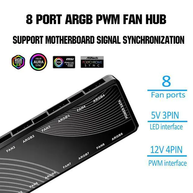 Alt view image 4 of 7 - ARGB PWM PC Fan Hub, 8 Port hub Addressable 5V-3PIN ARGB 12V 4PIN PWM 2-in-1 RGB Case Fan Hub SATA Power Input, 8pcs Fan and LED Port, PC Fan hub Support 8 Computer ARGB PWM Fans Splitter