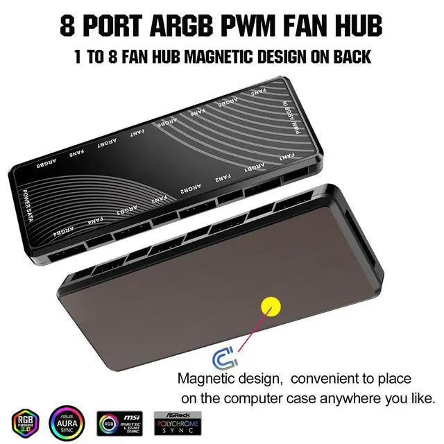 Alt view image 5 of 7 - ARGB PWM PC Fan Hub, 8 Port hub Addressable 5V-3PIN ARGB 12V 4PIN PWM 2-in-1 RGB Case Fan Hub SATA Power Input, 8pcs Fan and LED Port, PC Fan hub Support 8 Computer ARGB PWM Fans Splitter