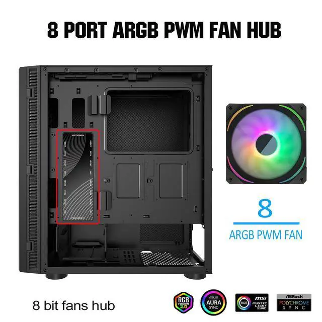 Alt view image 7 of 7 - ARGB PWM PC Fan Hub, 8 Port hub Addressable 5V-3PIN ARGB 12V 4PIN PWM 2-in-1 RGB Case Fan Hub SATA Power Input, 8pcs Fan and LED Port, PC Fan hub Support 8 Computer ARGB PWM Fans Splitter
