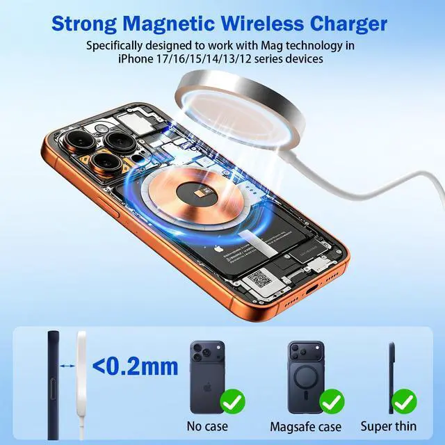 Alt view image 6 of 7 - Magnetic Wireless iPhone Charger Mag-Safe Charger, 15W Fast iPhone Charging Pad Wireless Magnetic Charge for iPhone 17 Air 16 Pro 16 Pro Max 16 Plus 15 14 13 12/AirPods with 20W USB-C Charging Block