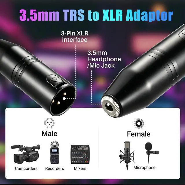 Alt view image 2 of 7 - 3.5mm to XLR, 2-Pack 3.5mm Stereo TRS Mini-Jack Female to 3-Pin XLR Male Microphone Adapter, Audio Converter for Camcorders, Recorders, Mixers