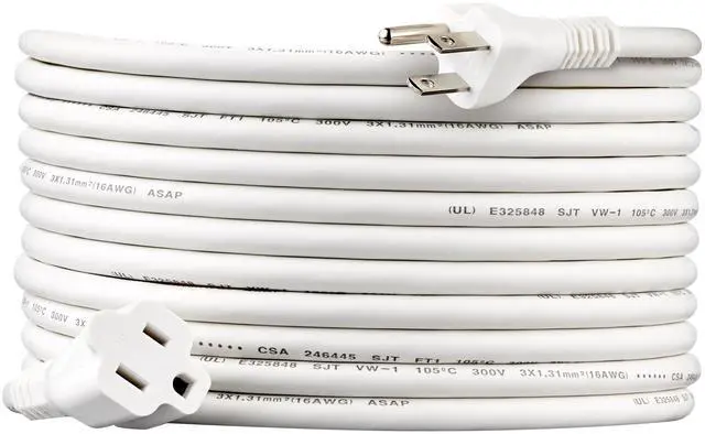 Main image of Extension Cord, 20 Ft, 3 Prong Outlet Extender, Indoor Power Cord, 13 Amps, 125V, White