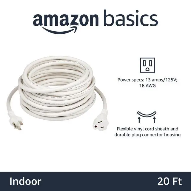 Alt view image 2 of 4 - Extension Cord, 20 Ft, 3 Prong Outlet Extender, Indoor Power Cord, 13 Amps, 125V, White