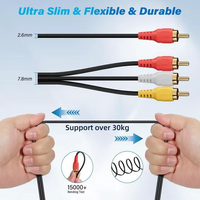 Alt view image 2 of 6 - 3 RCA Cable 10 Ft/2 Pack Audio Video Composite Male to Male DVD Cable, Gold-Plated Low Loss Stereo AV TV Cable Cord with Noise Reduction for VCD, Satellite, Stereo System,Home Theater Receiver