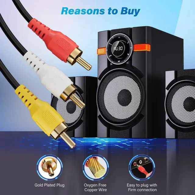 Alt view image 3 of 6 - 3 RCA Cable 10 Ft/2 Pack Audio Video Composite Male to Male DVD Cable, Gold-Plated Low Loss Stereo AV TV Cable Cord with Noise Reduction for VCD, Satellite, Stereo System,Home Theater Receiver