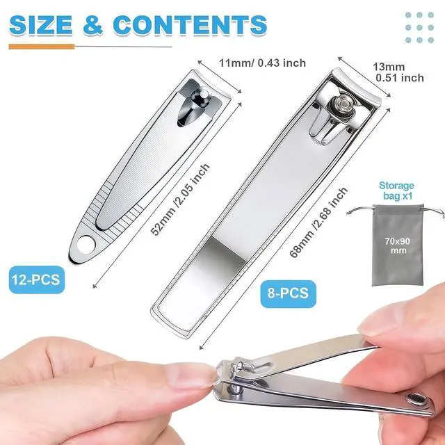 Alt view image 4 of 7 - 20-Pack Stainless Steel Fingernail & Toenail Nail Clippers Bulk Set - 12 Small + 8 Medium Size with Storage Pouch, Manicure Kit for Men/Women Travel, Gifts, Homeless Care Supplies