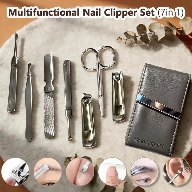 Alt view image 2 of 7 - Manicure Set 7 in 1 Stainless Steel Nail Clippers for Men WomenFinger and Toe Nail Clippers Set, Manicure Kit for Women, Nail Grooming Kit, Nail Clipper Set, Personal Care Tools(Grey)