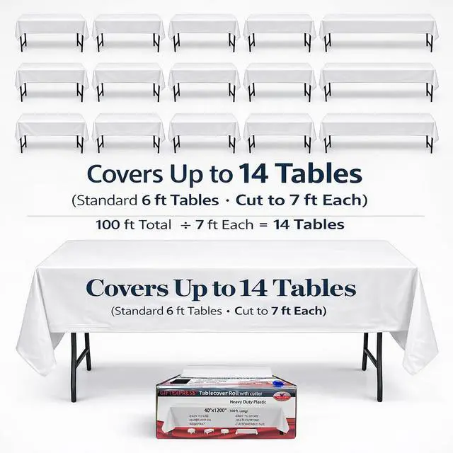 Alt view image 7 of 7 - 100 Ft Plastic Table Cover Roll (White) with Slide Cutter, Disposable Tablecloth Roll, Water & Oil Resistant for Banquet Tables, Parties, Picnic, Crafts
